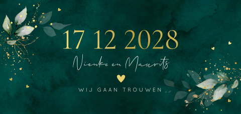 Trouwkaart groen botanisch bladeren goudfolie panorama