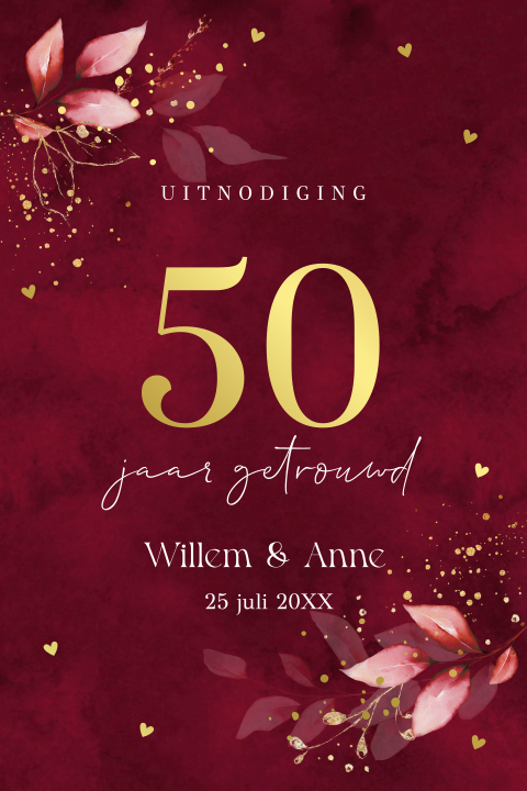 Uitnodiging jubileum huwelijk 50 jaar getrouwd rood goudfolie