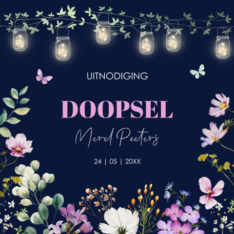 Uitnodiging doopsel bloemen paars lampjes meisje