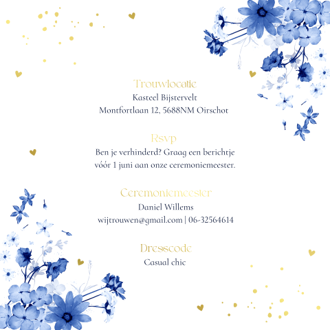 Inlegkaartje trouwkaart bloemen blauw op kalkpapier