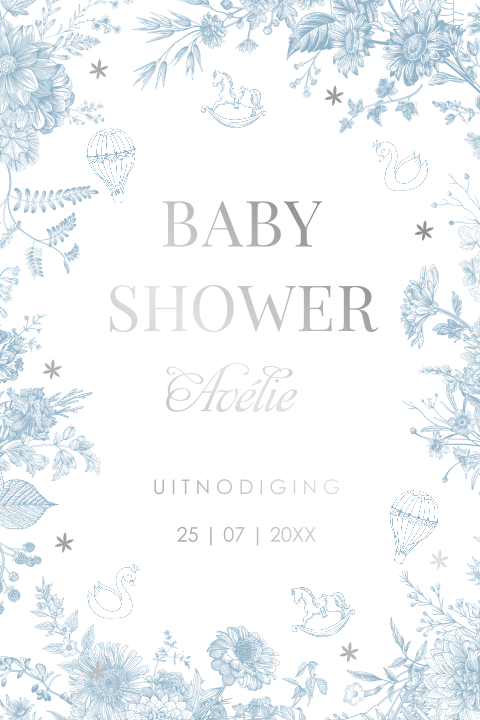 Babyshower uitnodiging floral blauw figuurtjes zilverfolie