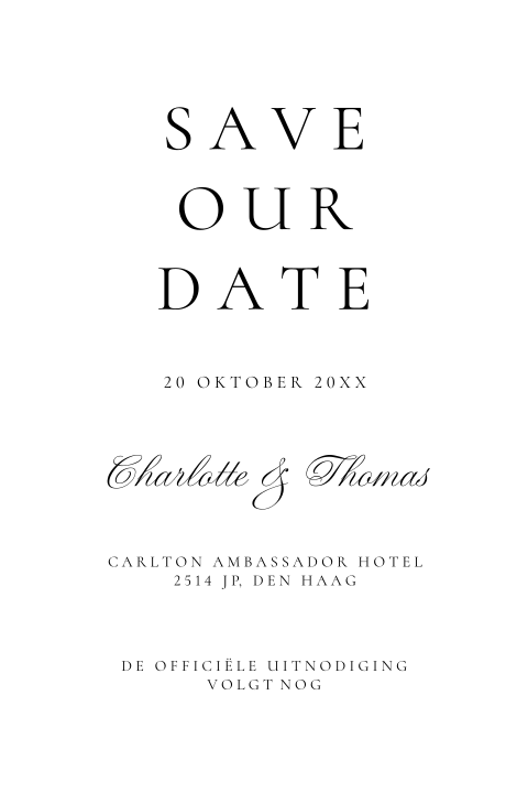 Klassieke Save the Date kaart wit met typografie