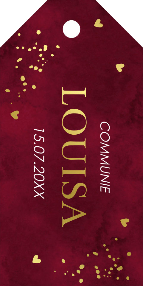 Communie labeltje rood met naam datum goudfolie
