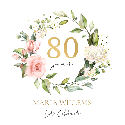 Uitnodiging verjaardag vrouw 80 jaar bloemen krans goudfolie