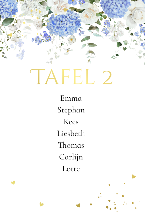 Tafelnummerkaartje gastindeling bloemen blauw wit goudfolie