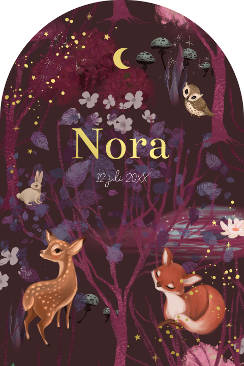 Geboortekaartje meisje bosdieren nacht sprookjesbos goud
