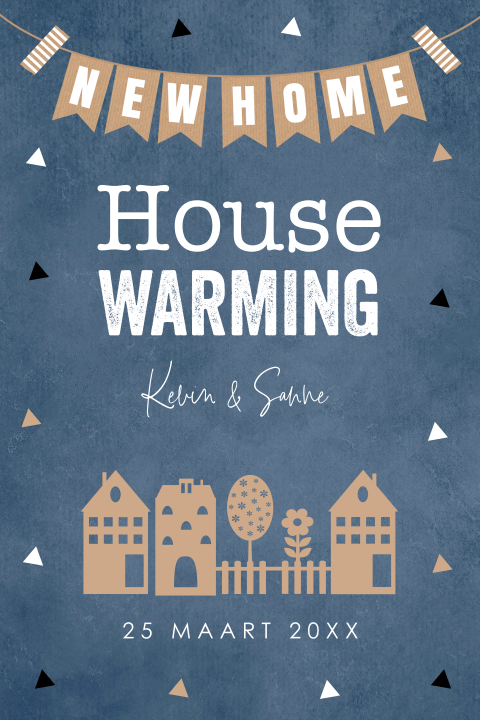 Housewarming uitnodiging blauw driehoekjes huisjes slinger