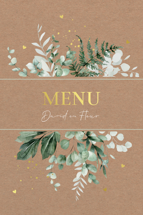Menukaart huwelijk botanisch groen bladeren kraftlook goudfolie