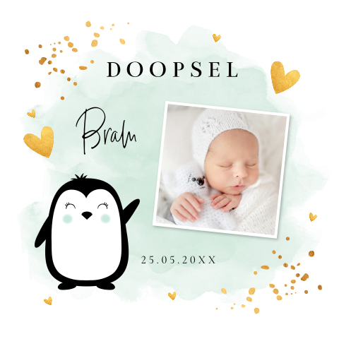 Doopkaart jongen waterverf pinguïn groen