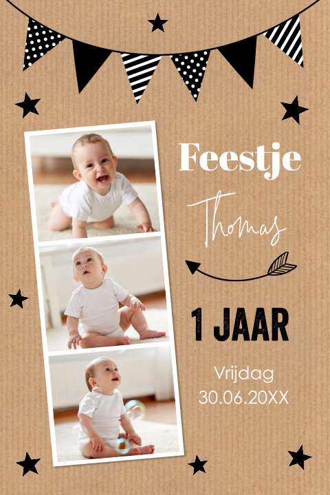Uitnodiging kinderfeestje jongen 1 jaar foto bruin kraft slinger zwart