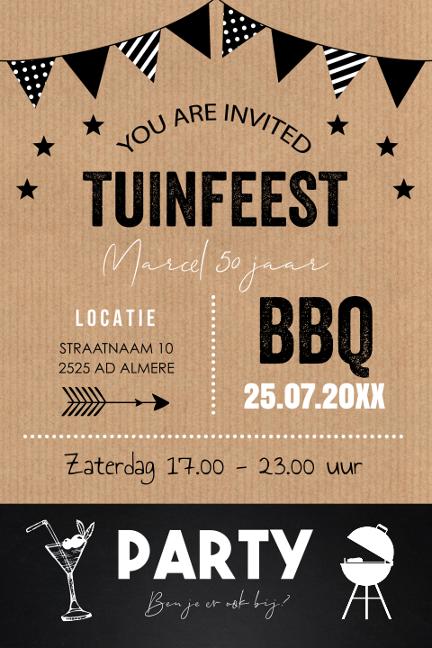 Uitnodiging tuinfeest BBQ kraft slinger zwart wit