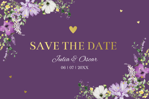 Save the Date kaart watercolour paars goudfolie