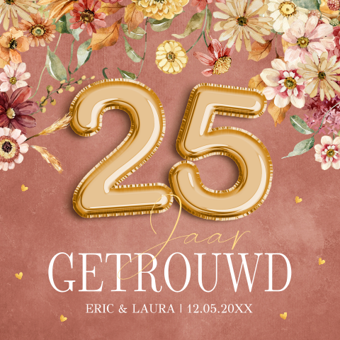Jubileum uitnodiging 25 jaar getrouwd bloemen roze
