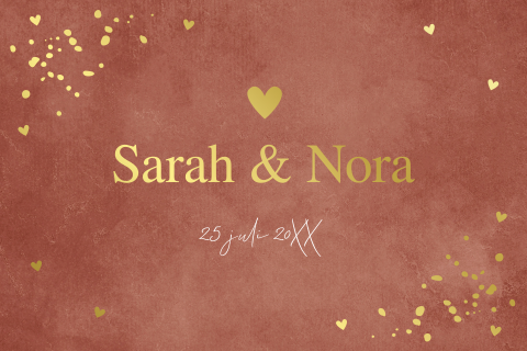 Geboortekaartje tweeling roestbruin goudfolie hartjes