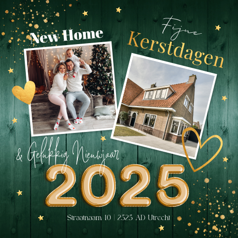 Kerst verhuiskaart met foto groen goud look 2025