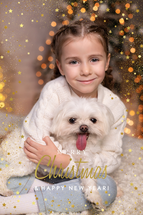 Kerstkaart met eigen foto en goudfolie rechthoekig