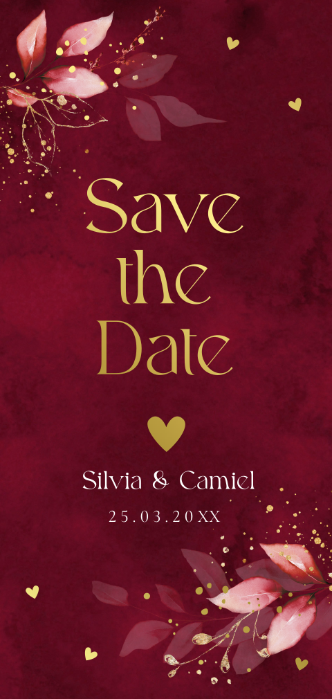 Save the Date kaart rood botanisch bladeren goudfolie