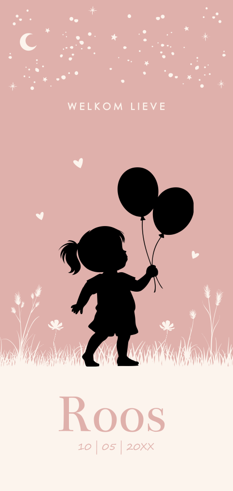 Geboortekaartje meisje silhouet ballonnen sterren roze