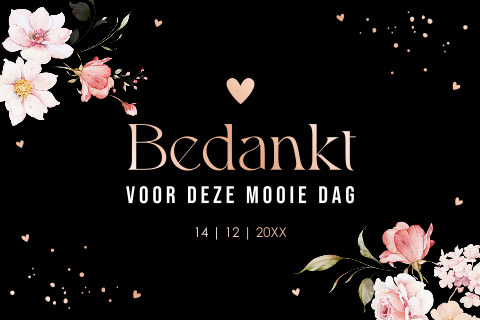 Bedankkaart huwelijk zwart fotocollage roze bloemen rosegoudfolie