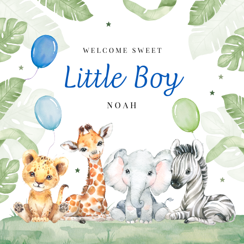 Felicitatie kaart geboorte zoon jongen jungle dieren ballonnen