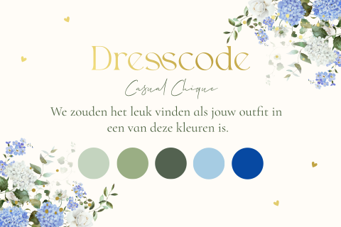 Dresscode kaartje huwelijk hortensia blauw groen kleurenpalet