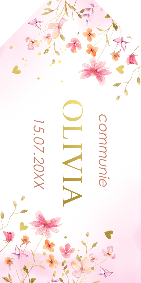 Communie labeltje veld bloemen roze goudfolie