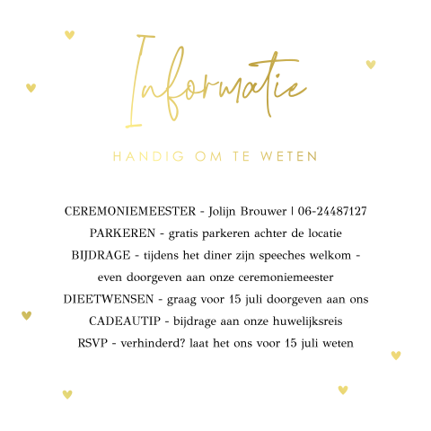 Extra informatie kaartje huwelijk kalkpapier goudfolie
