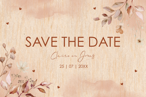 Save the Date kaart op echt hout bloemen terracotta watercolour