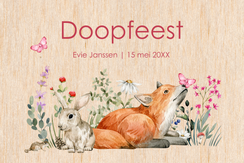 Doopkaart meisje echt hout vosje bosdieren
