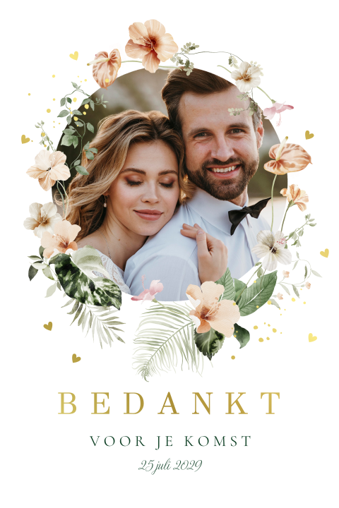 Bedankkaart huwelijk wit tropisch foto boog goudfolie