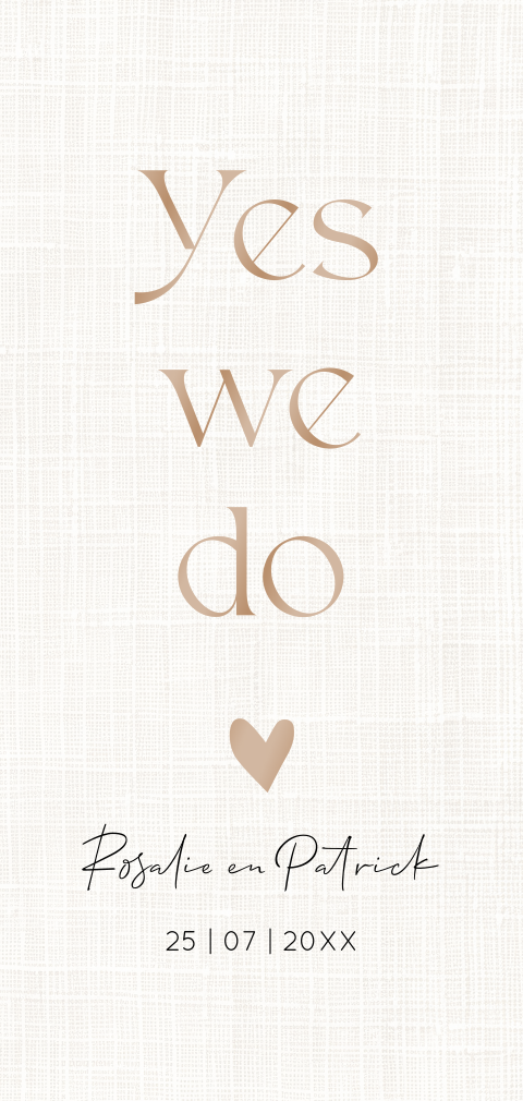 Trouwkaart beige linnen langwerpig met hoogglans