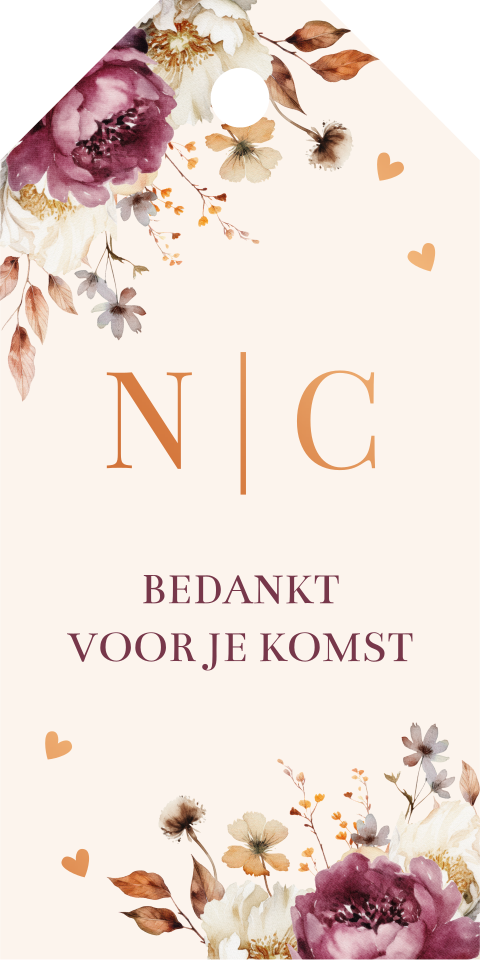 Labeltjes huwelijk bloemen aubergine koperfolie | 18 stuks