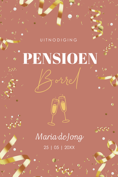Pensioen uitnodiging borrel vrouw roze goudlook confetti