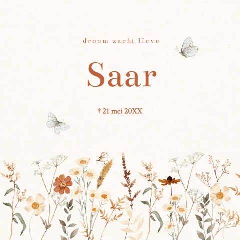 Rouwkaartje baby kind meisje bloemen veld bloemen vlinders