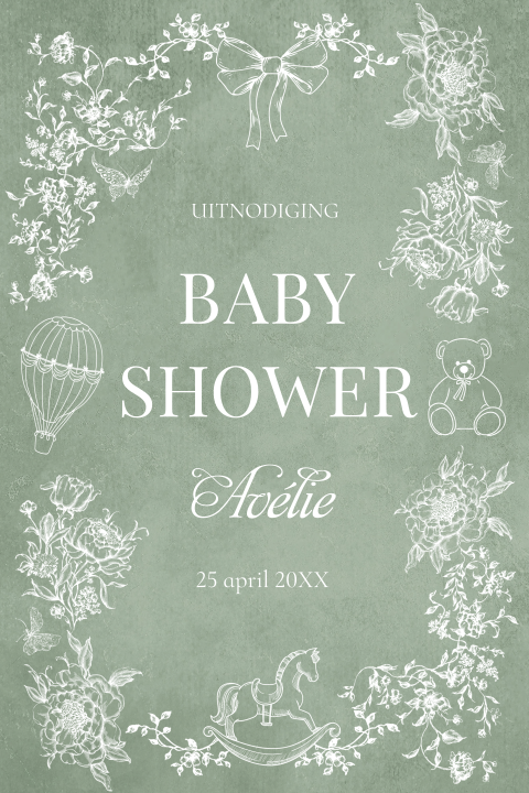 Babyshower uitnodiging groen floral botanisch figuurtjes