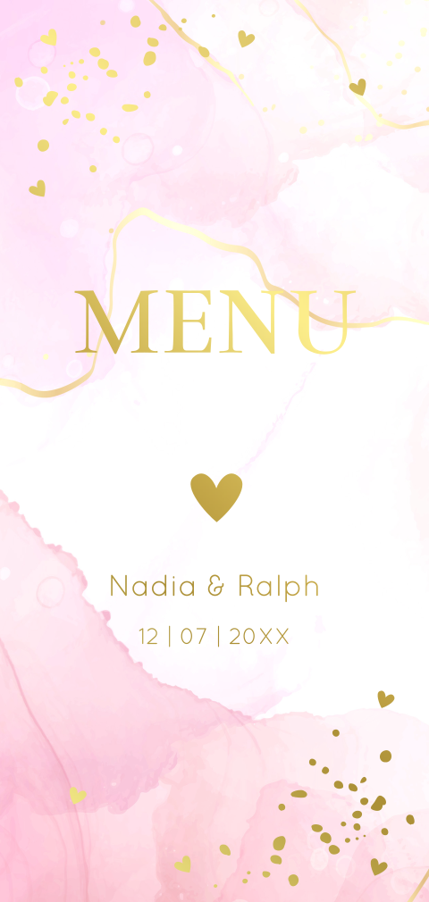 Menukaart huwelijk roze marmerlook goudfolie langwerpig