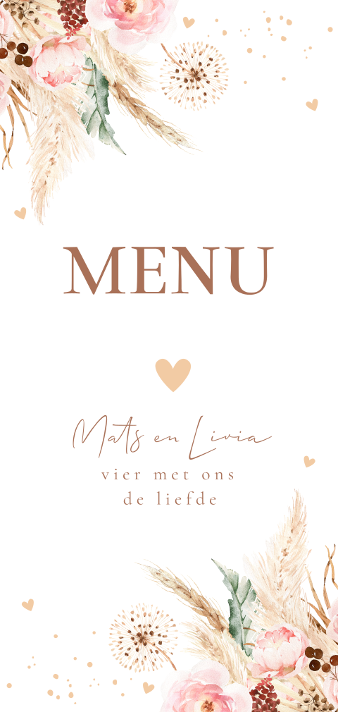 Menukaart huwelijk bohemian boho bloemen
