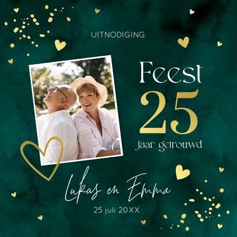 Uitnodiging jubileum huwelijk 25 jaar getrouwd foto groen goudfolie