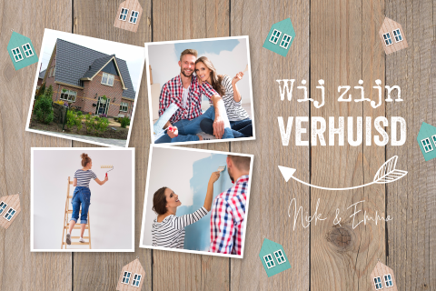 Verhuiskaart fotocollage hout look huisjes