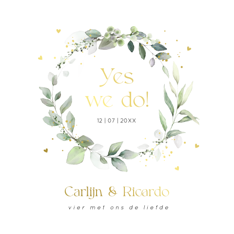 Trouwkaart wit krans bladeren groen botanisch goudfolie