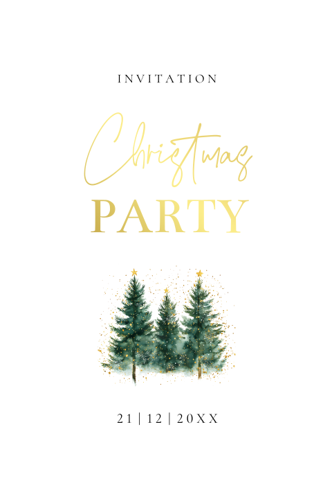 Luxe kerstborrel uitnodiging wit golvend kerstbomen goudfolie
