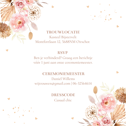Extra informatie kaartje huwelijk kalkpapier bohemian bloemen