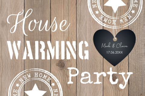 Housewarming party uitnodiging hout look stempels hartje
