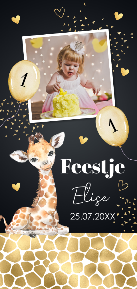 Uitnodiging kinderfeestje meisje 1 jaar giraffe foto zwart goudlook