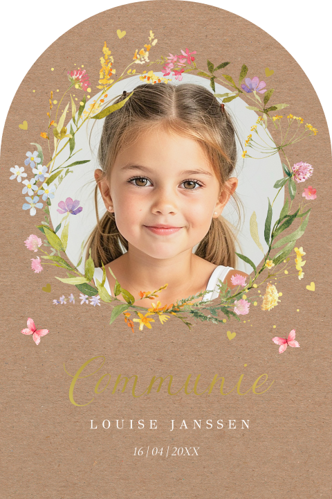 Communie uitnodiging meisje boog foto kraft bloemen goudfolie