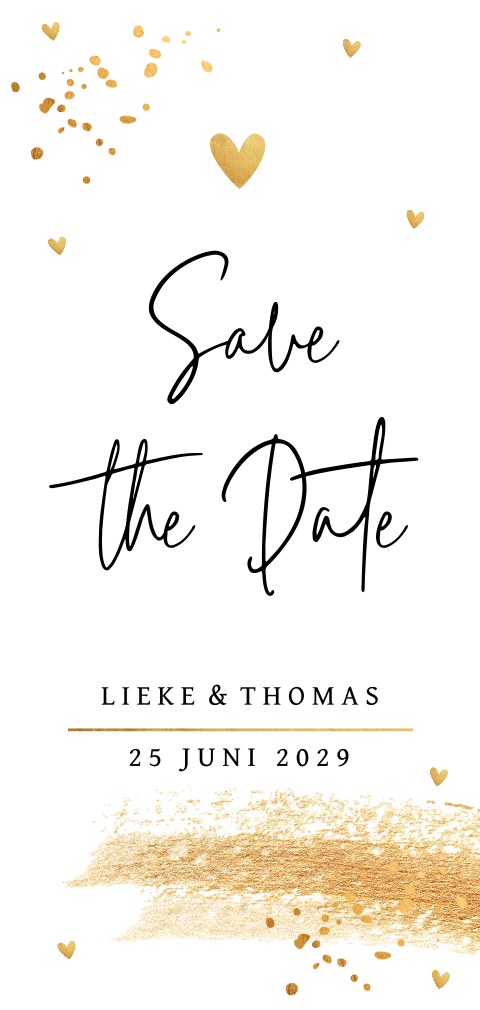 Save the Date kaart langwerpig wit hartje goudlook