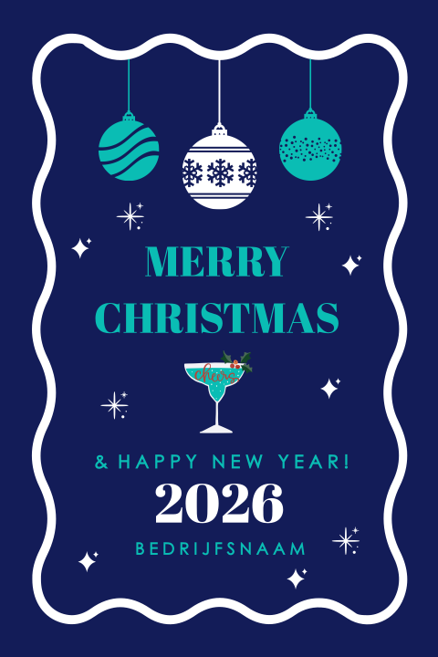 Zakelijke kerstkaart blauw golvend kader kerstballen modern