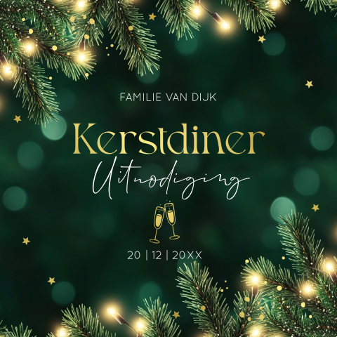 Kerstdiner uitnodiging groen kersttakjes met goudfolie