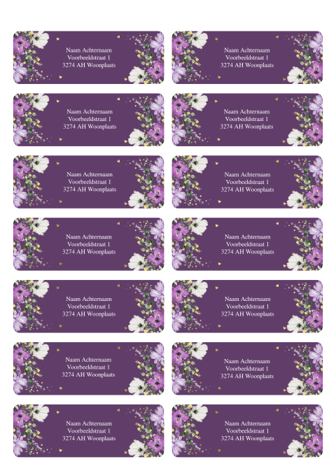 Adresstickers huwelijk botanisch paars bladeren goudfolie