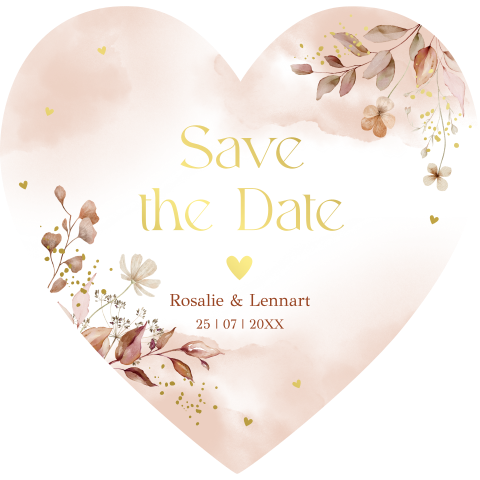 Save the Date kaart hart vorm bloemen roze beige goudfolie hartje